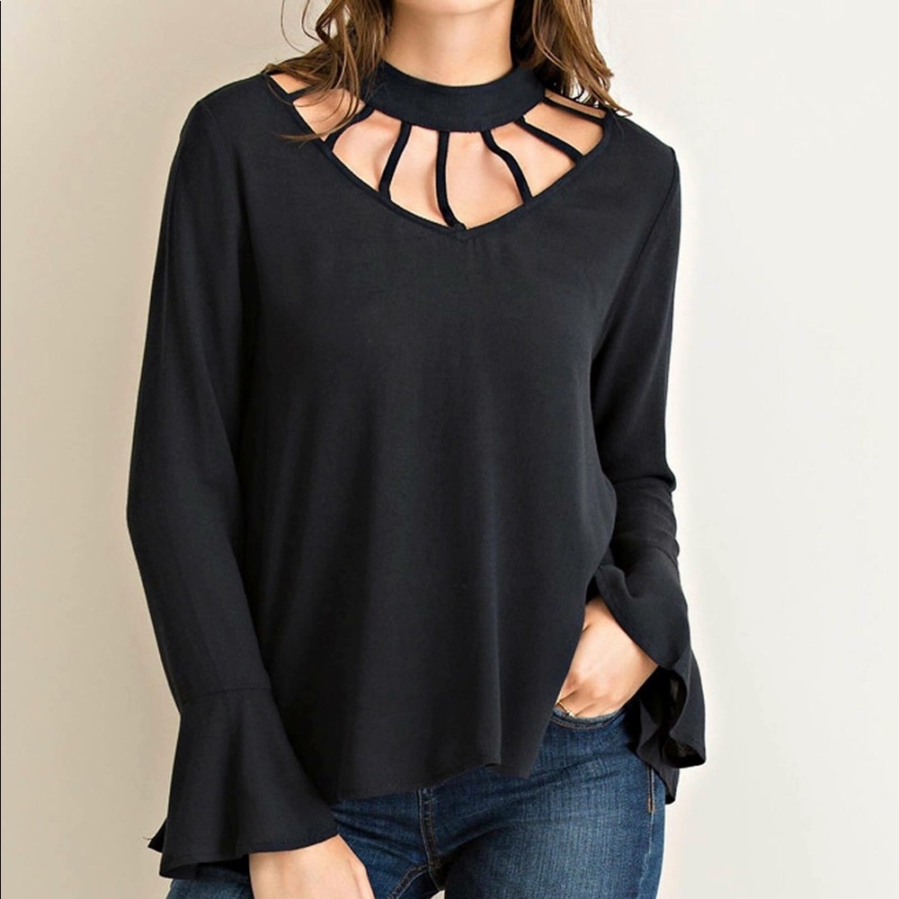 Black cut out blouse with bell sleeves